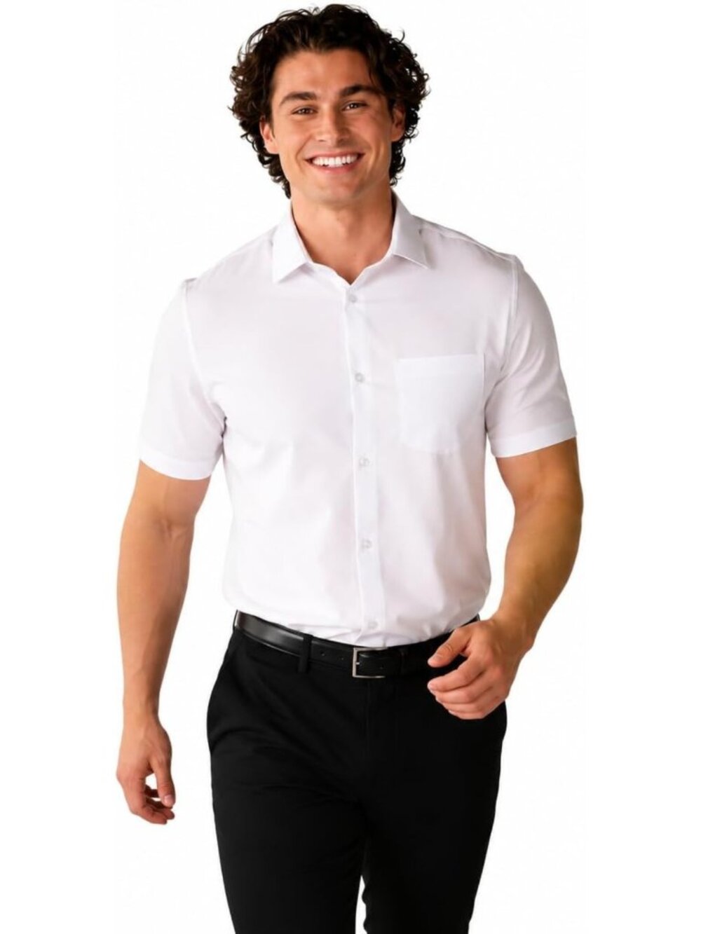 Stylish Men's Short Sleeve White Dress Shirt, Slim Fit for Casual or Formal Wear
